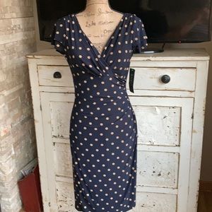 Lauren Navy tan polka dot midi short sleeve dress